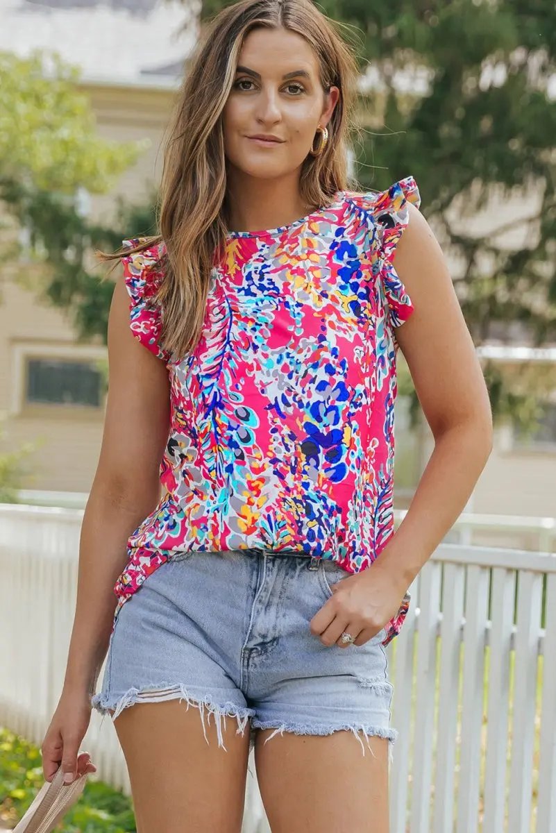 Rose Floral Print Tank Top with Ruffles Casual Sleeveless Summer Top - Love Salve